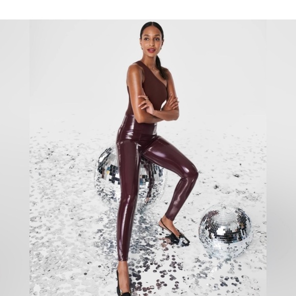 SPANX Faux Patent Leather Leggings In Ruby - Picture 1 of 4